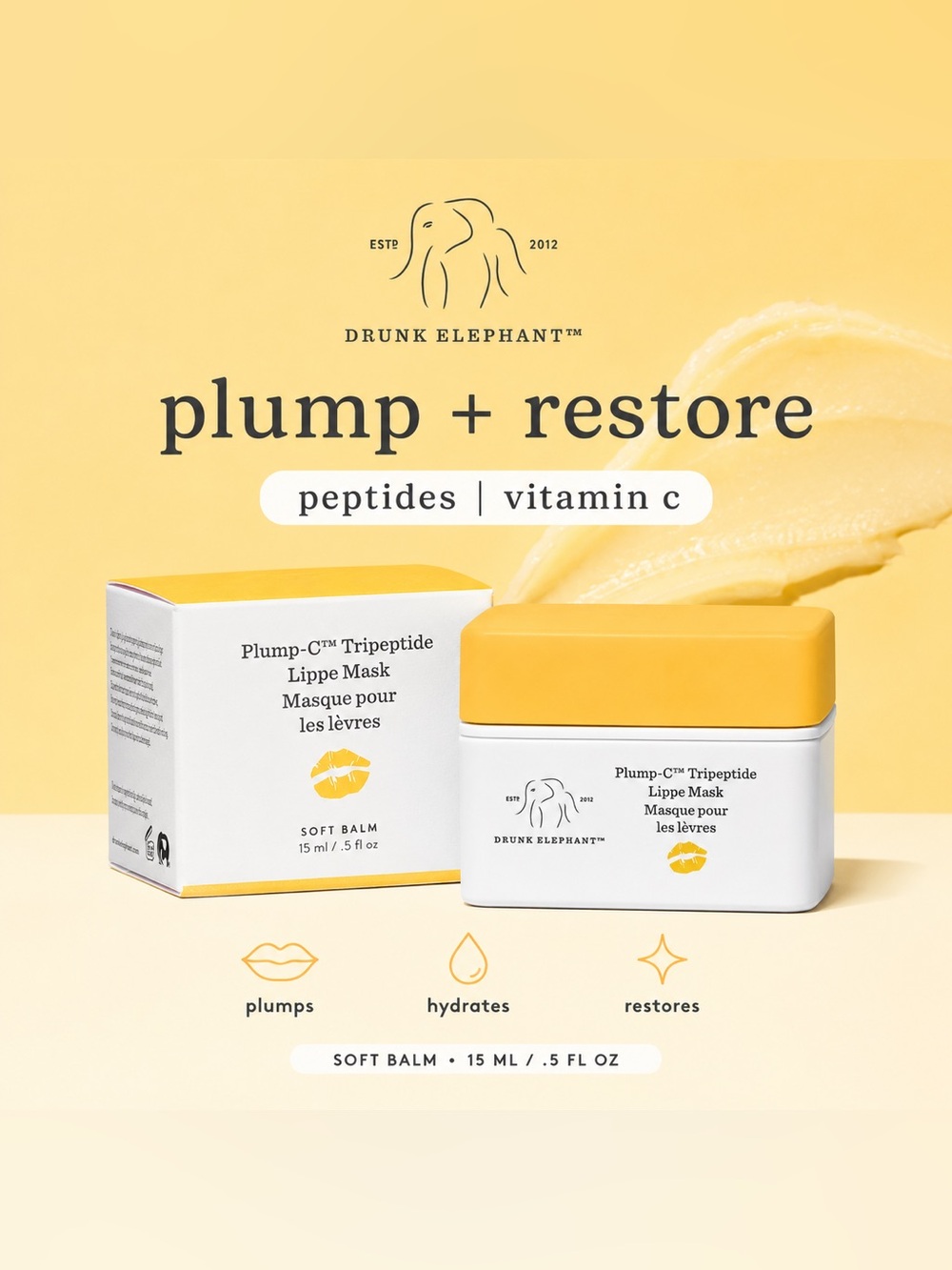 💛 Drunk Elephant Plump‑C™ Tripeptide Lippe Mask • Plump + Restore • NEW in Box